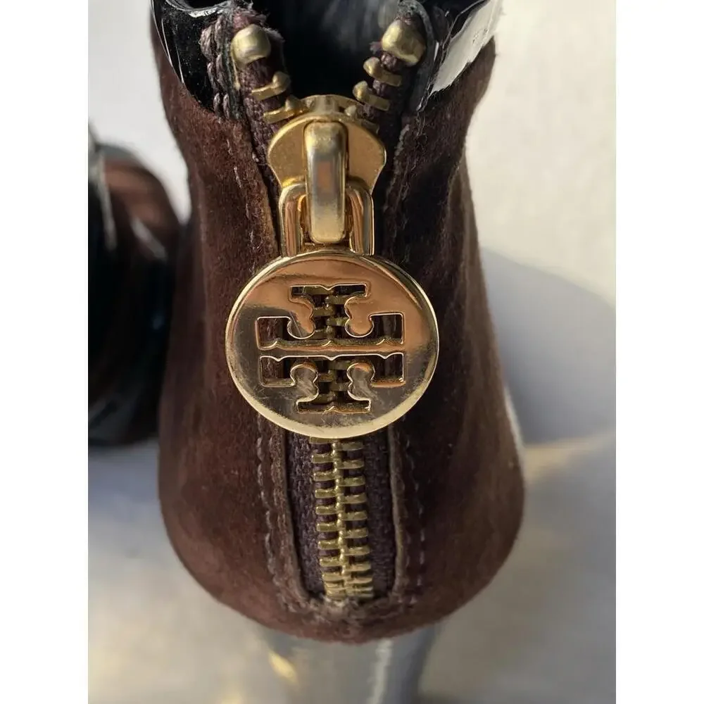 Tory Burch Lucille US-7 Peep Toe Ankle Booties Black Brown Shoes Platform Suede